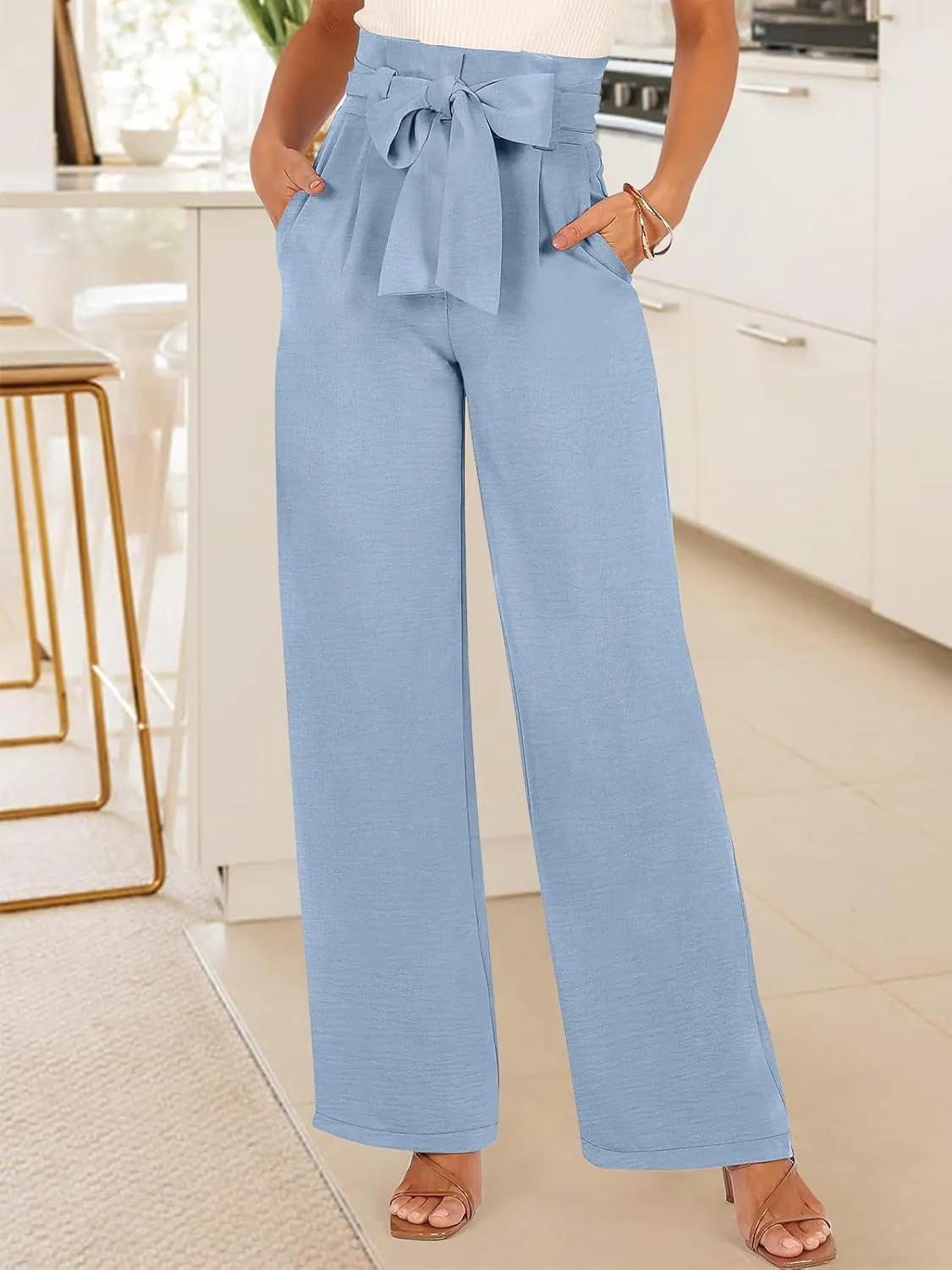 ANRABESS Womens Wide Leg Palazzo Pants Belted High Waisted Business Casual Flowy Long Trousers with Pockets