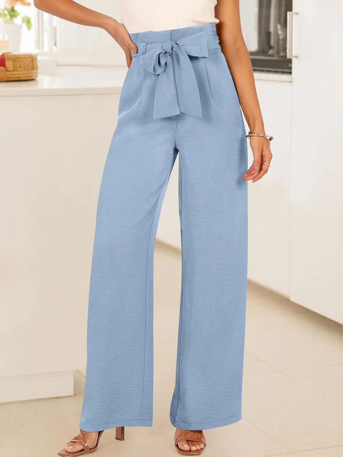 ANRABESS Womens Wide Leg Palazzo Pants Belted High Waisted Business Casual Flowy Long Trousers with Pockets