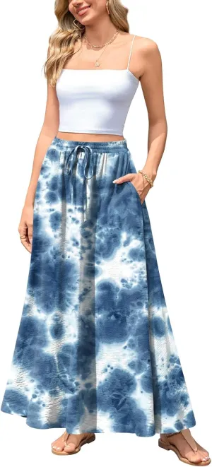 Aodemo Women's Flowy Maxi Skirt Summer Boho Pleated Elastic Waisted Casual Beach Long Skirts with Pockets