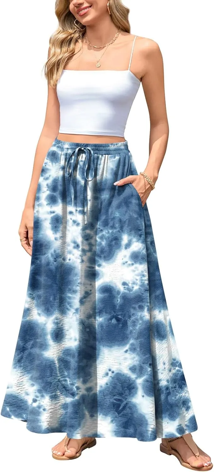 Aodemo Women's Flowy Maxi Skirt Summer Boho Pleated Elastic Waisted Casual Beach Long Skirts with Pockets