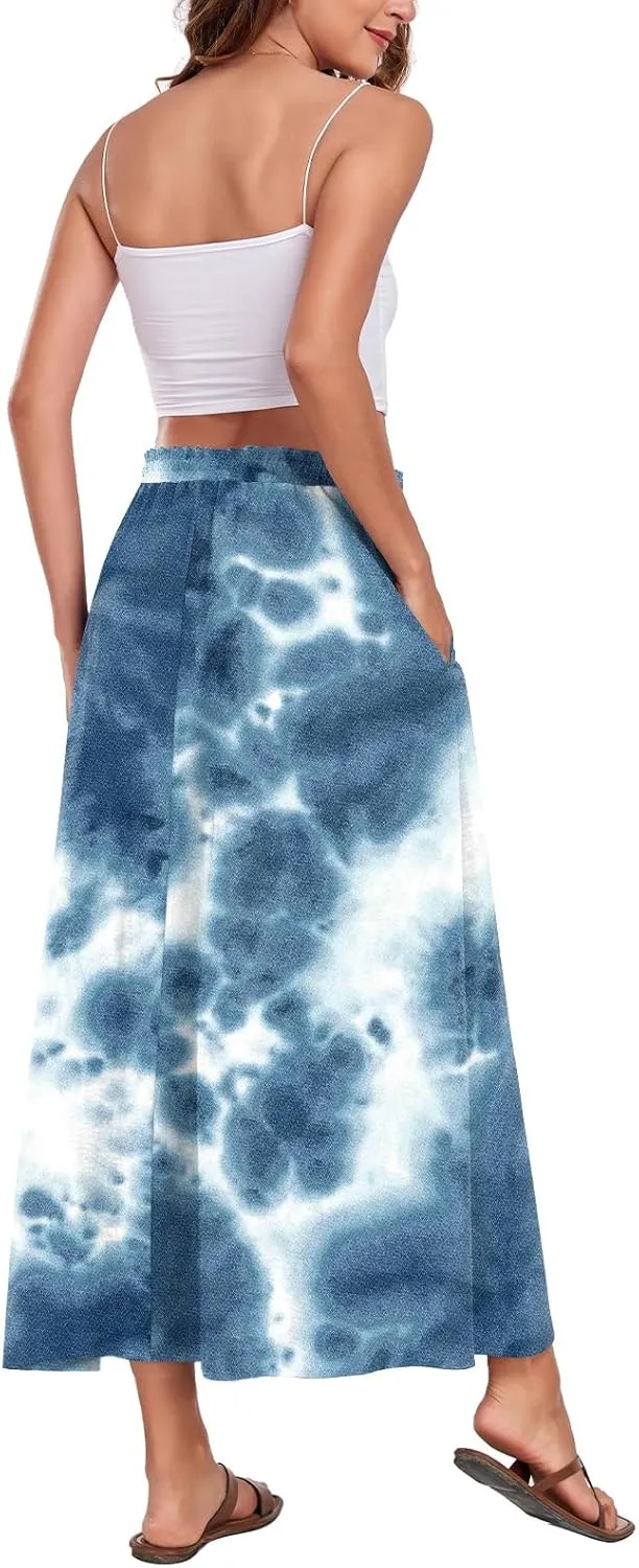 Aodemo Women's Flowy Maxi Skirt Summer Boho Pleated Elastic Waisted Casual Beach Long Skirts with Pockets