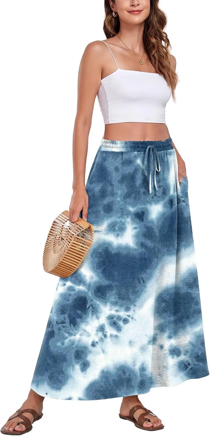 Aodemo Women's Flowy Maxi Skirt Summer Boho Pleated Elastic Waisted Casual Beach Long Skirts with Pockets