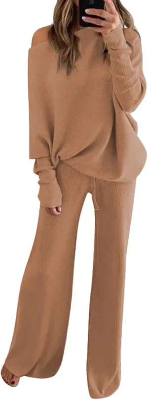 AOHITE Womens 2 Piece Outfits One-Shoulder Knit Pullover Sweaters Top Wide Leg Pants Sets Sweatsuit Tracksuit