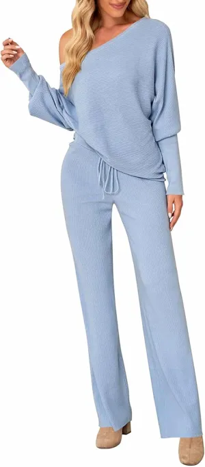 AOHITE Womens 2 Piece Outfits One-Shoulder Knit Pullover Sweaters Top Wide Leg Pants Sets Sweatsuit Tracksuit