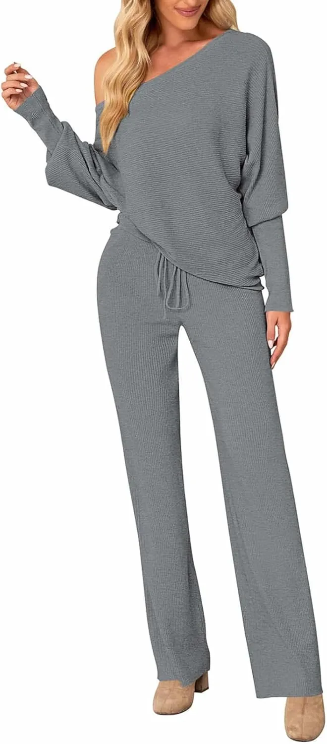 AOHITE Womens 2 Piece Outfits One-Shoulder Knit Pullover Sweaters Top Wide Leg Pants Sets Sweatsuit Tracksuit