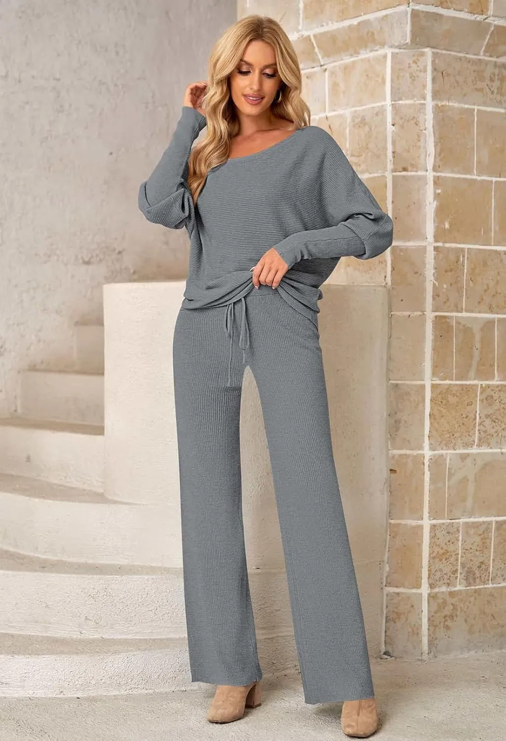AOHITE Womens 2 Piece Outfits One-Shoulder Knit Pullover Sweaters Top Wide Leg Pants Sets Sweatsuit Tracksuit