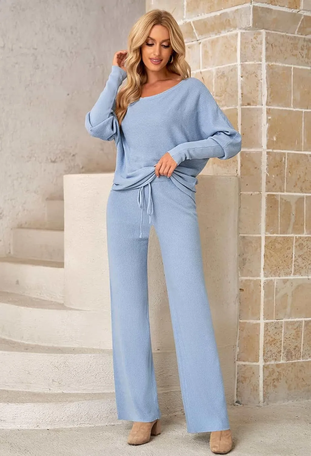 AOHITE Womens 2 Piece Outfits One-Shoulder Knit Pullover Sweaters Top Wide Leg Pants Sets Sweatsuit Tracksuit