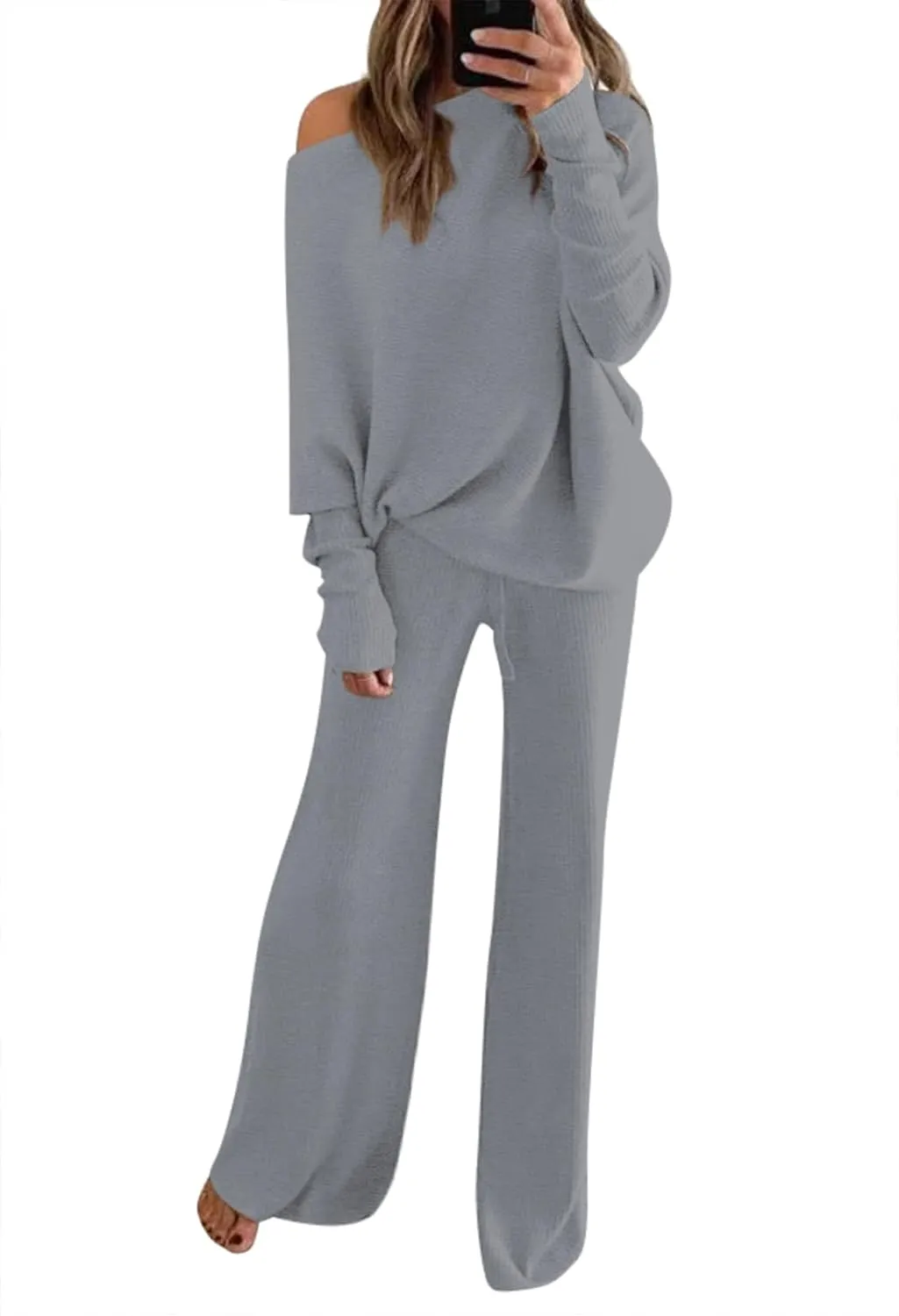 AOHITE Womens 2 Piece Outfits One-Shoulder Knit Pullover Sweaters Top Wide Leg Pants Sets Sweatsuit Tracksuit