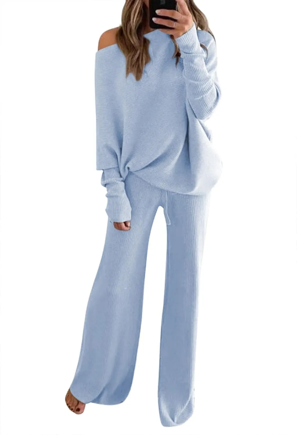 AOHITE Womens 2 Piece Outfits One-Shoulder Knit Pullover Sweaters Top Wide Leg Pants Sets Sweatsuit Tracksuit