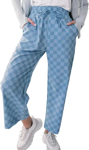 Apvirdy Loose Checkered Pants Women Casual Elastic High Waist Drawstring Straight Leg Plaid Pants with Pockets