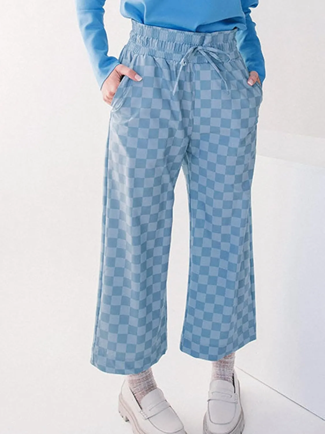 Apvirdy Loose Checkered Pants Women Casual Elastic High Waist Drawstring Straight Leg Plaid Pants with Pockets