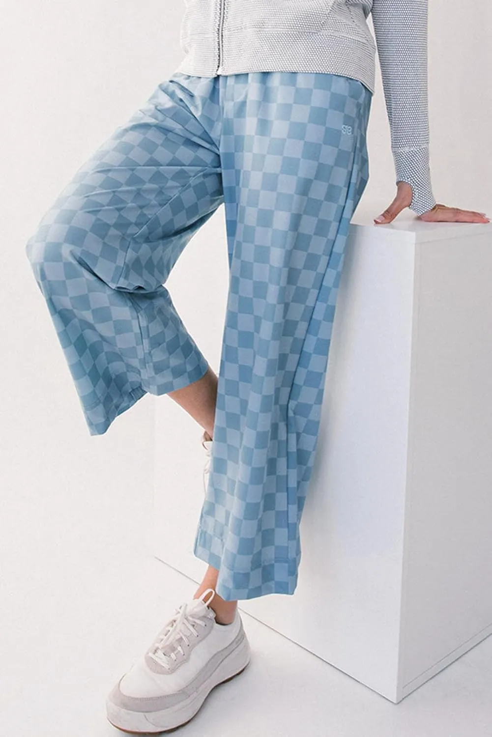 Apvirdy Loose Checkered Pants Women Casual Elastic High Waist Drawstring Straight Leg Plaid Pants with Pockets