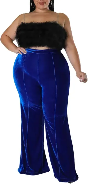 Aro Lora Womens Plus Size Velvet High Waist Bell Bottom Wide Leg Palazzo Flare Pant Trouser
