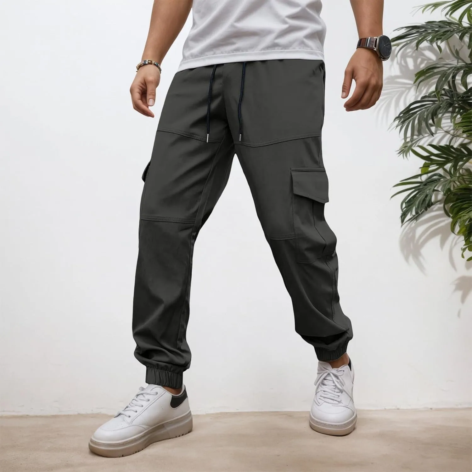 Athletic Pants for Men Cargo Lightweight Elastic Waist Hiking Camping Tapered Pants Breathable Running Sports Joggers