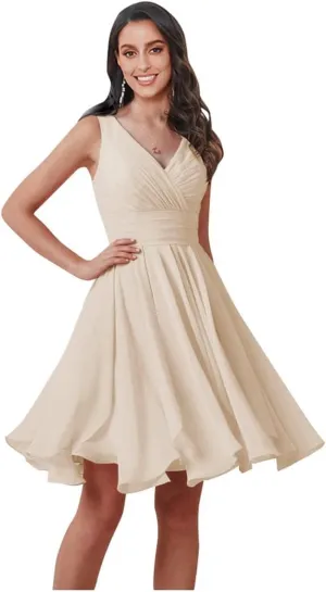 AUMEELAM Women's V-Neck Short Bridesmaid Dress Chiffon Pleated A Line Formal Evening Dress