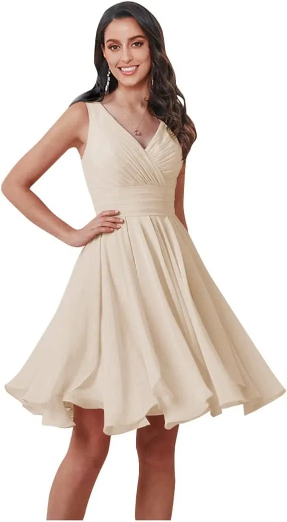 AUMEELAM Women's V-Neck Short Bridesmaid Dress Chiffon Pleated A Line Formal Evening Dress