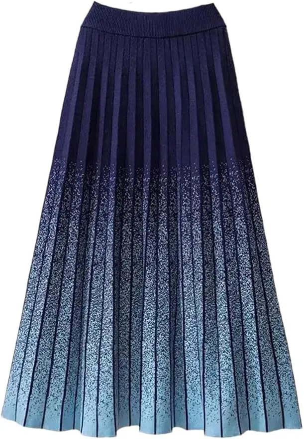 Autumn Winter Gradient Knitted Midi Pleated Skirt Women Elastic High Waist A-Line Skirt