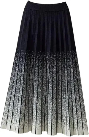 Autumn Winter Gradient Knitted Midi Pleated Skirt Women Elastic High Waist A-Line Skirt
