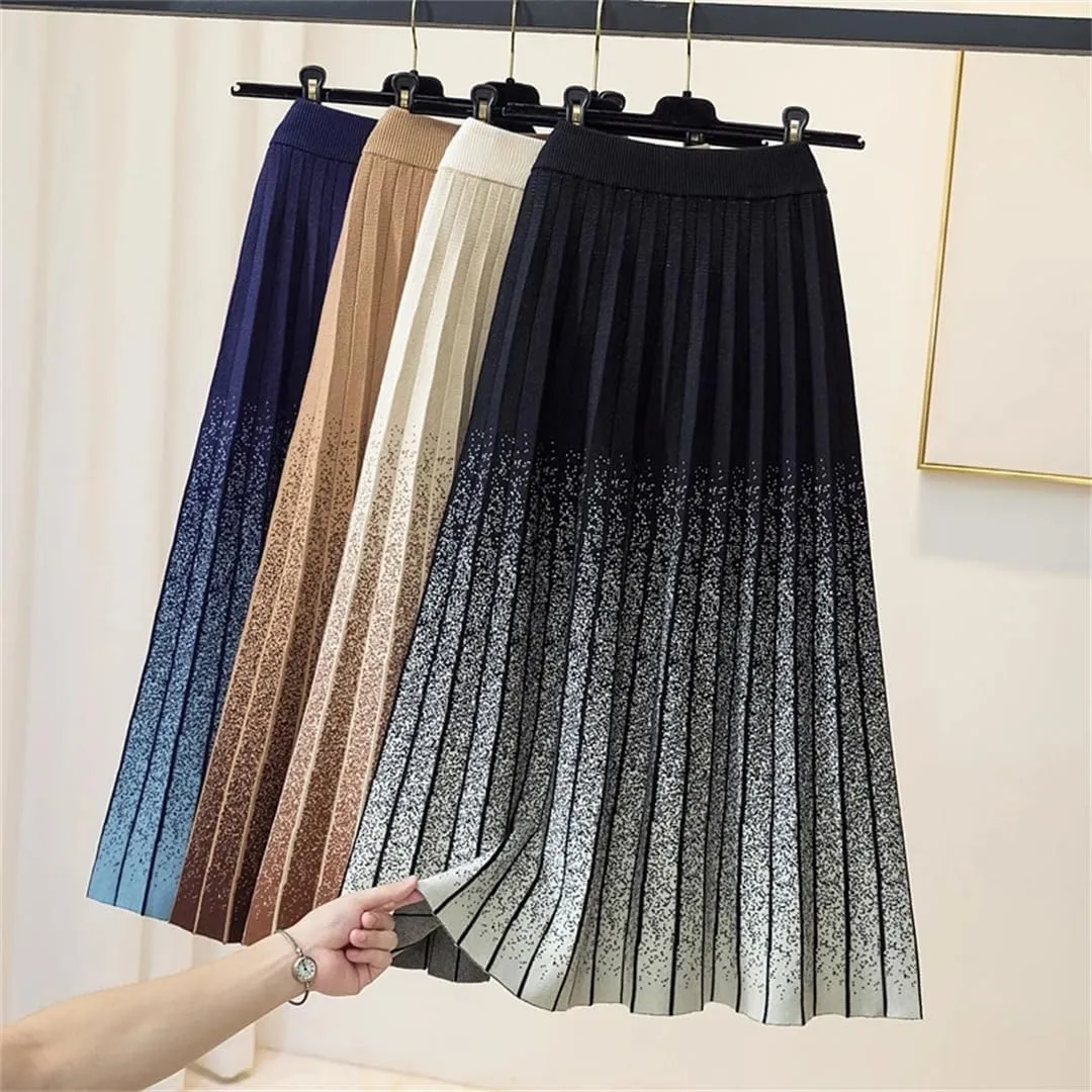 Autumn Winter Gradient Knitted Midi Pleated Skirt Women Elastic High Waist A-Line Skirt