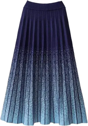 Autumn Winter Gradient Knitted Midi Pleated Skirt Women Elastic High Waist A-Line Skirt