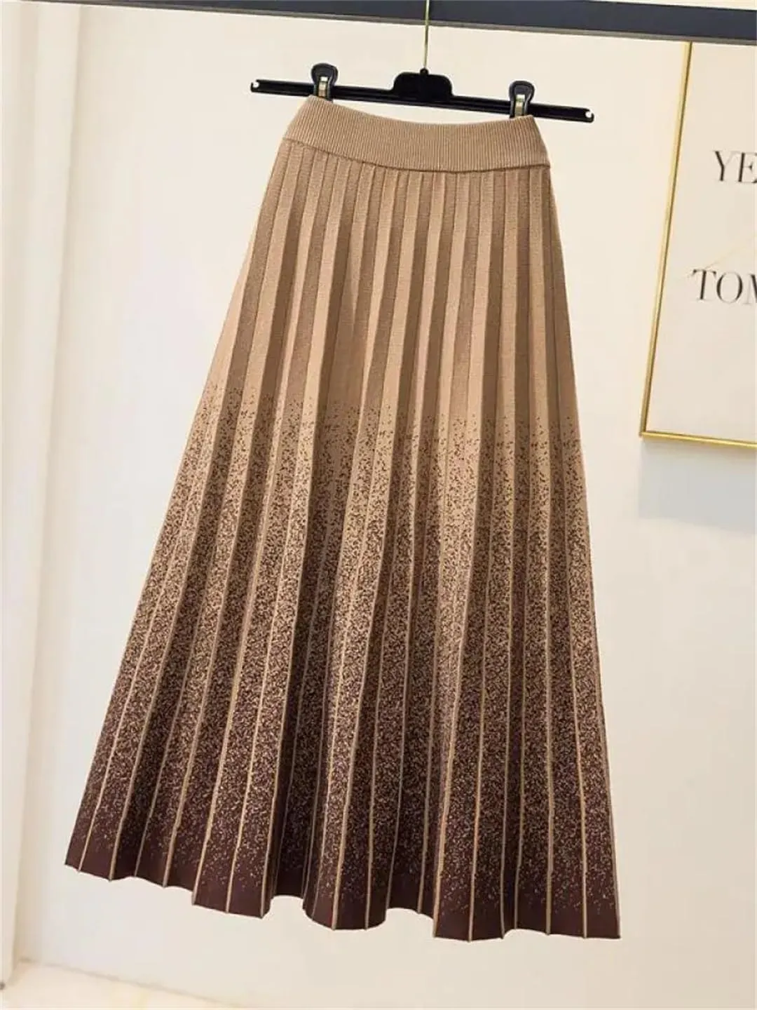 Autumn Winter Gradient Knitted Midi Pleated Skirt Women Elastic High Waist A-Line Skirt