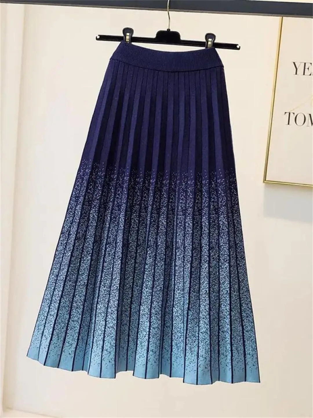 Autumn Winter Gradient Knitted Midi Pleated Skirt Women Elastic High Waist A-Line Skirt