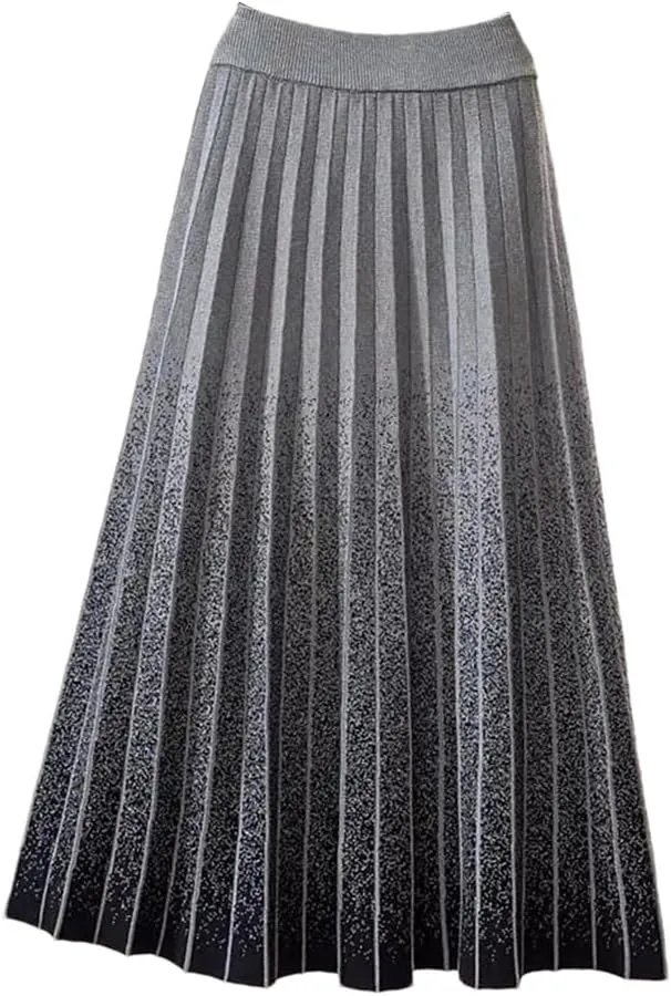 Autumn Winter Gradient Knitted Midi Pleated Skirt Women Elastic High Waist A-Line Skirt