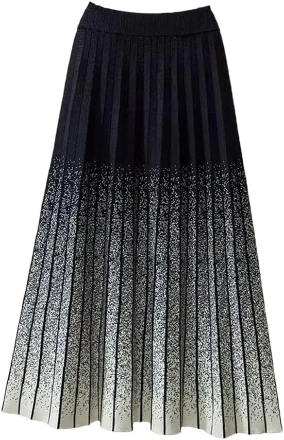 Autumn Winter Gradient Knitted Midi Pleated Skirt Women Elastic High Waist A-Line Skirt