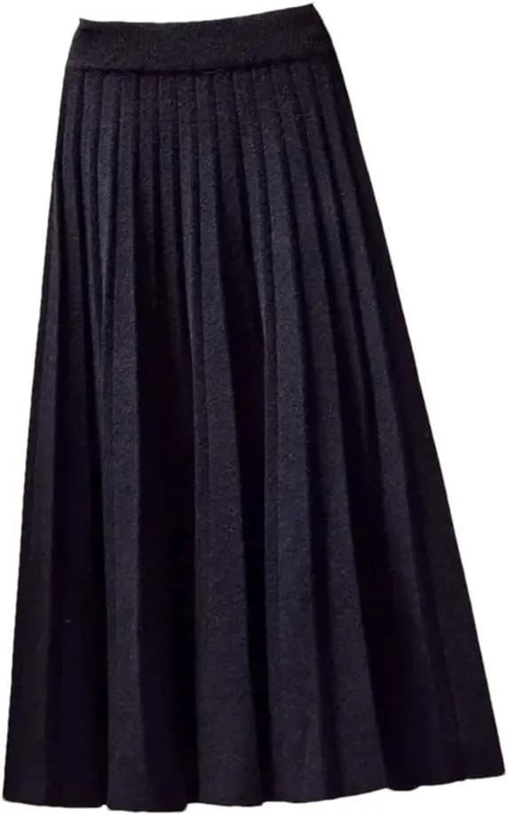Autumn Winter Knitted Black Midi Long Pleated Skirt Women Warm Blue Mid-Length High Waist Female