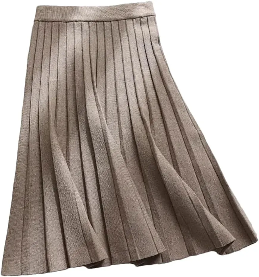 Autumn Winter Knitted Black Midi Long Pleated Skirt Women Warm Blue Mid-Length High Waist Female