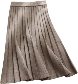 Autumn Winter Knitted Black Midi Long Pleated Skirt Women Warm Blue Mid-Length High Waist Female