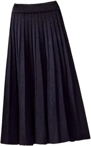 Autumn Winter Knitted Black Midi Long Pleated Skirt Women Warm Blue Mid-Length High Waist Female