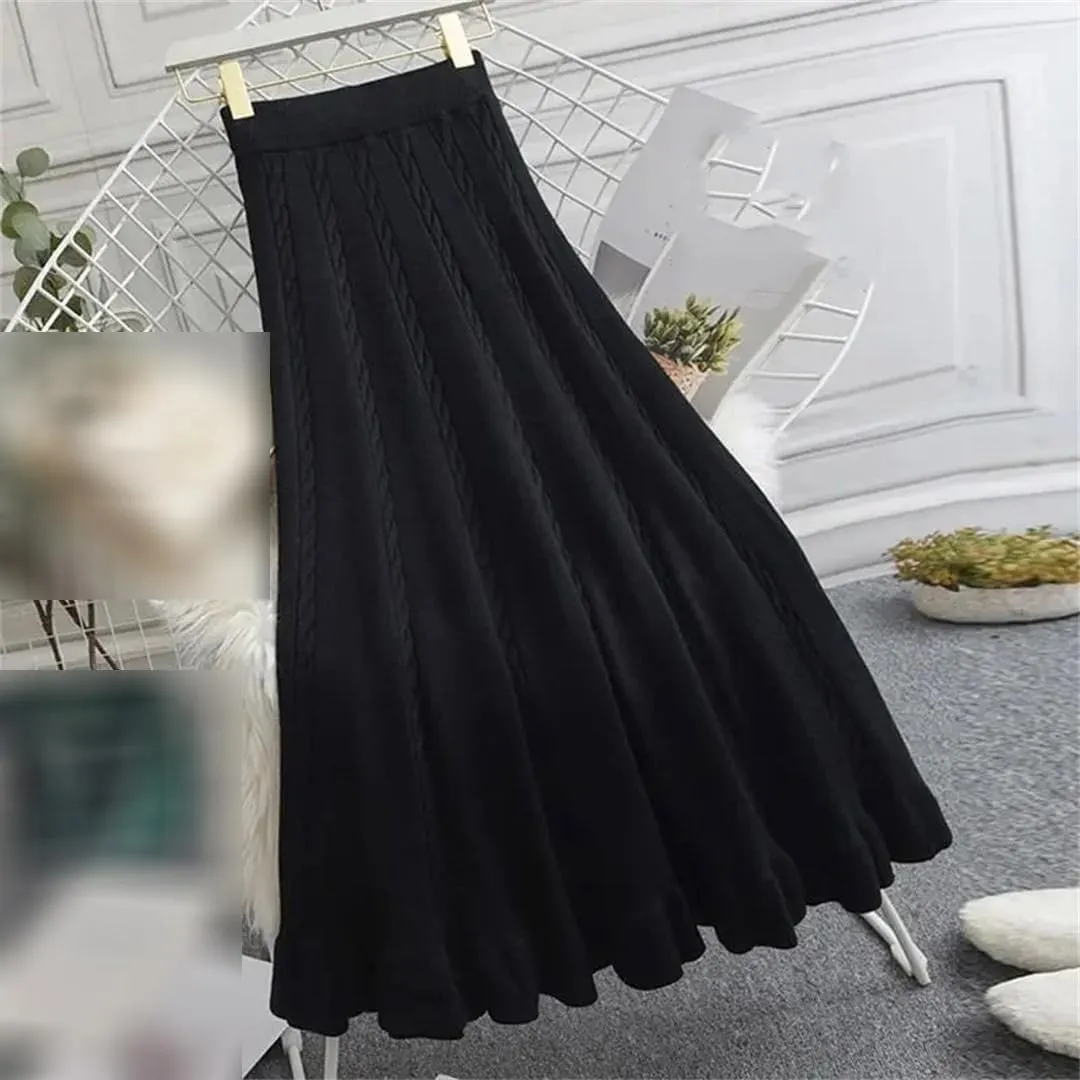Autumn Winter Pleated Long Skirts for Women Elastic A-Line High Waist Knitted Skirt Midi Skirt