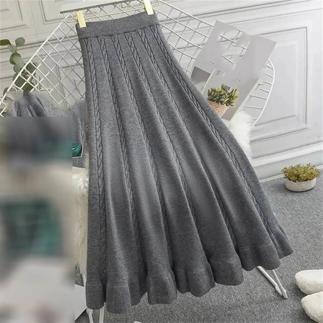 Autumn Winter Pleated Long Skirts for Women Elastic A-Line High Waist Knitted Skirt Midi Skirt