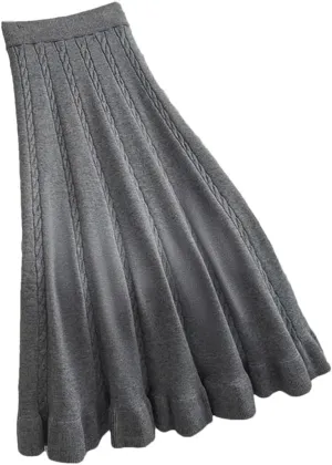 Autumn Winter Pleated Long Skirts for Women Elastic A-Line High Waist Knitted Skirt Midi Skirt