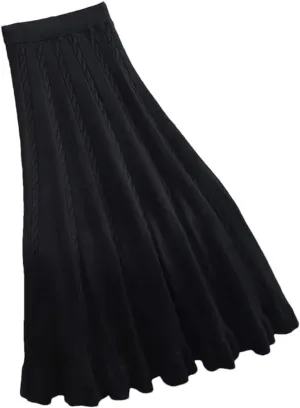 Autumn Winter Pleated Long Skirts for Women Elastic A-Line High Waist Knitted Skirt Midi Skirt