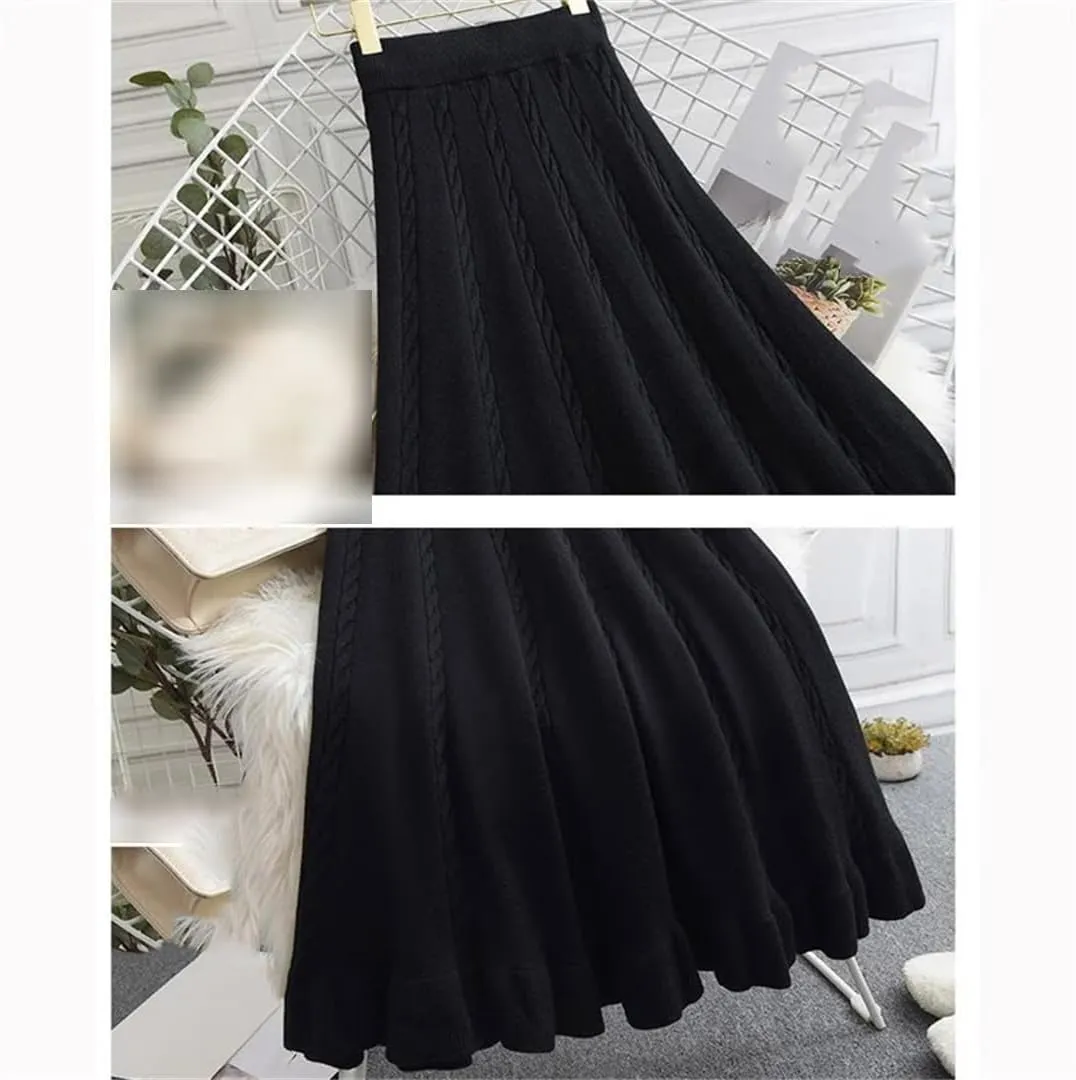 Autumn Winter Pleated Long Skirts for Women Elastic A-Line High Waist Knitted Skirt Midi Skirt