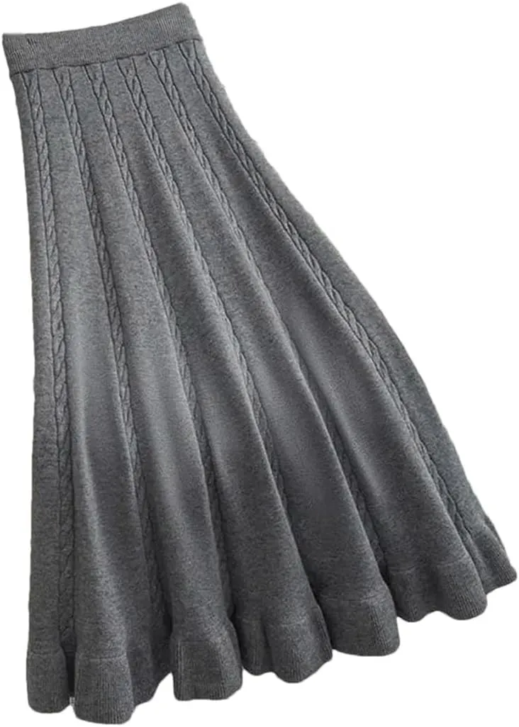 Autumn Winter Pleated Long Skirts for Women Elastic A-Line High Waist Knitted Skirt Midi Skirt