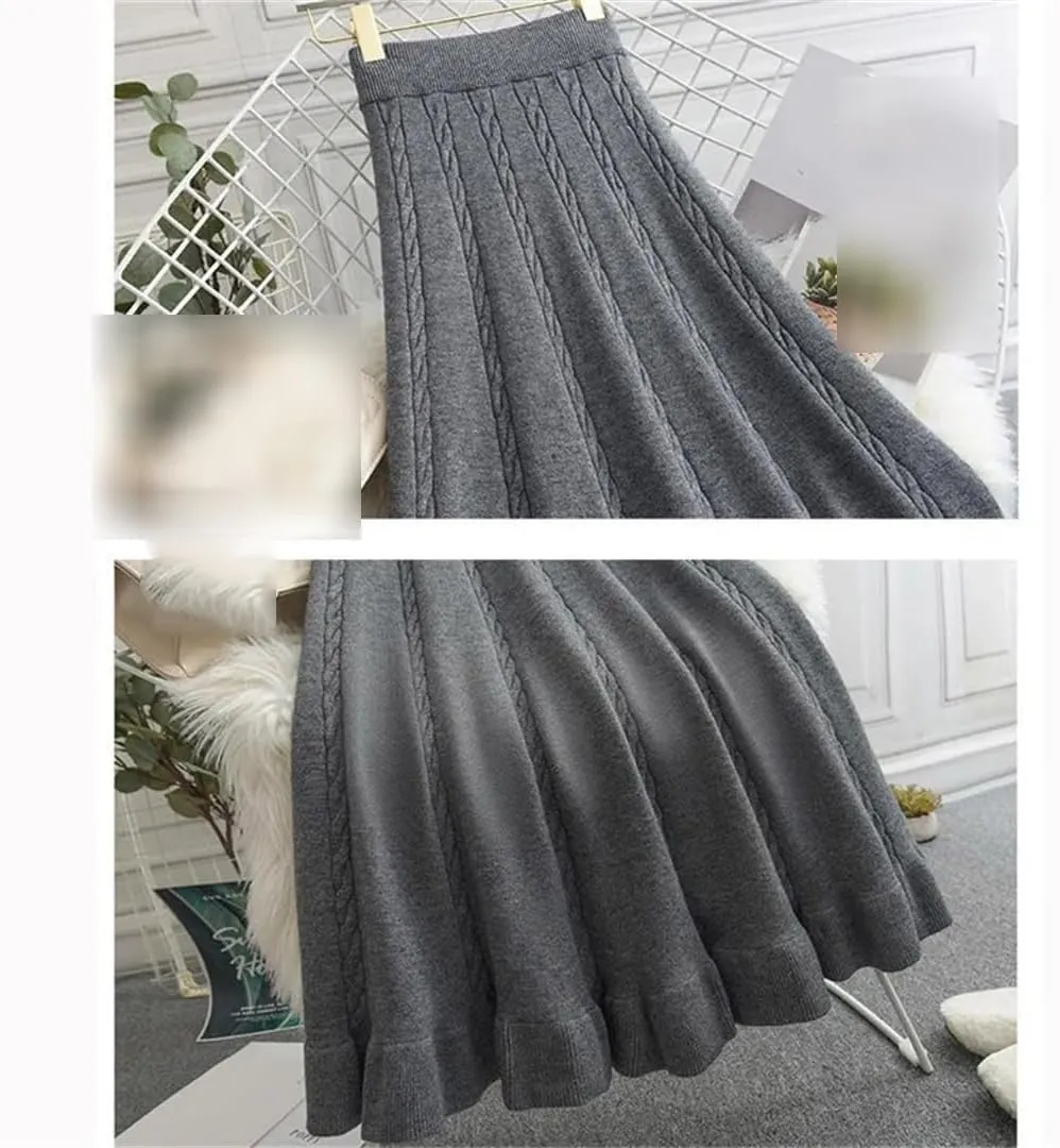 Autumn Winter Pleated Long Skirts for Women Elastic A-Line High Waist Knitted Skirt Midi Skirt