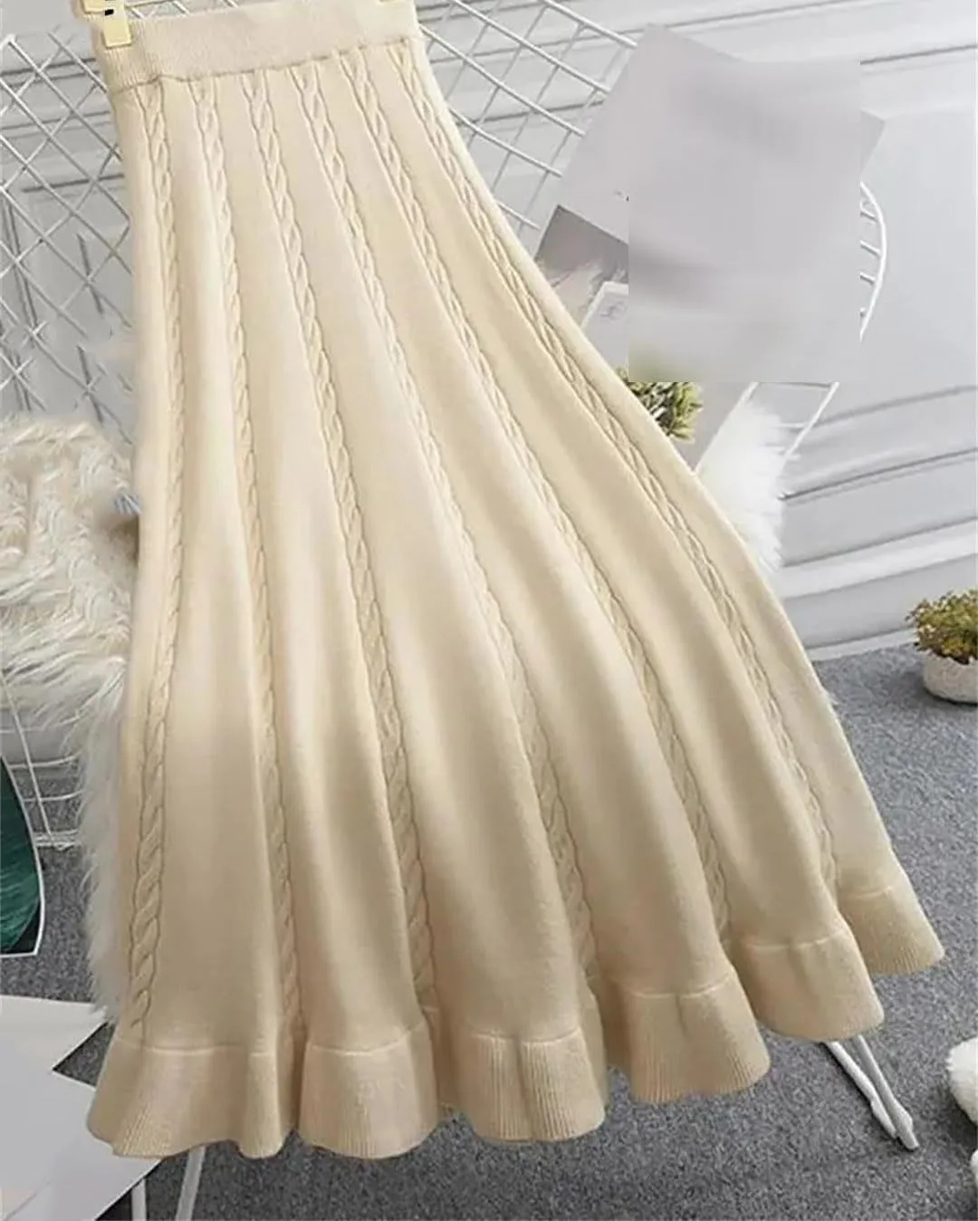 Autumn Winter Pleated Long Skirts for Women Elastic A-Line High Waist Knitted Skirt Midi Skirt