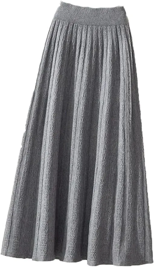 Autumn Winter Thick Mid Length Knitted Skirt Women High Waist A Line Midi Solid Color Pleated Skirt