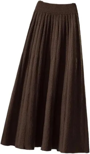 Autumn Winter Thick Mid Length Knitted Skirt Women High Waist A Line Midi Solid Color Pleated Skirt