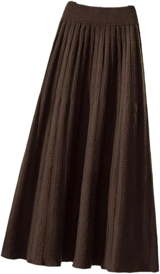 Autumn Winter Thick Mid Length Knitted Skirt Women High Waist A Line Midi Solid Color Pleated Skirt