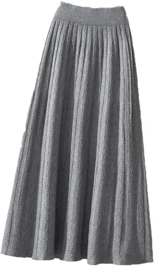 Autumn Winter Thick Mid Length Knitted Skirt Women High Waist A Line Midi Solid Color Pleated Skirt