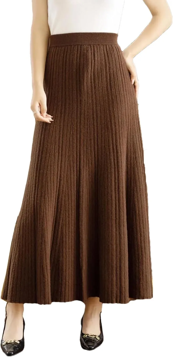 Autumn Winter Women's Elastic High Waist A-Line Pleated Knitted Midi Skirt