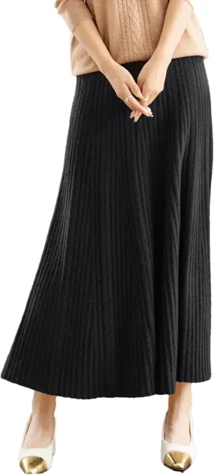 Autumn Winter Women's Elastic High Waist A-Line Pleated Knitted Midi Skirt
