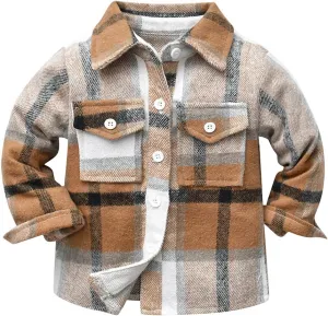 AWIBMK Boys Girls Flannel Shirt Jacket Kids Long Sleeve Plaid Button Down Shacket Christmas Coat Top Fall Outwear Clothes
