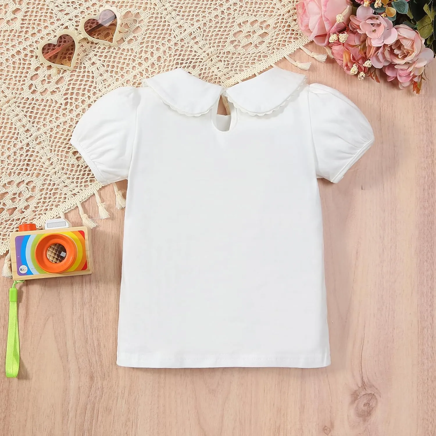 Baby Girl Kids Blouses Shortsleeves Solid Color Doll Collar T-Shirt Top Bottom