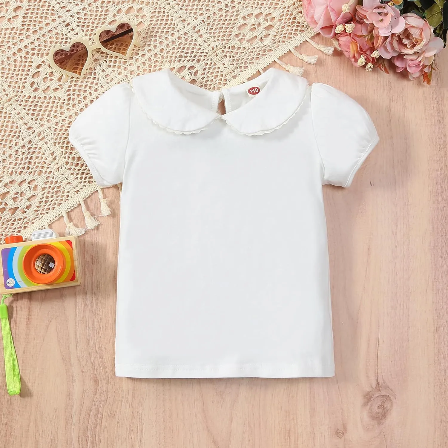 Baby Girl Kids Blouses Shortsleeves Solid Color Doll Collar T-Shirt Top Bottom