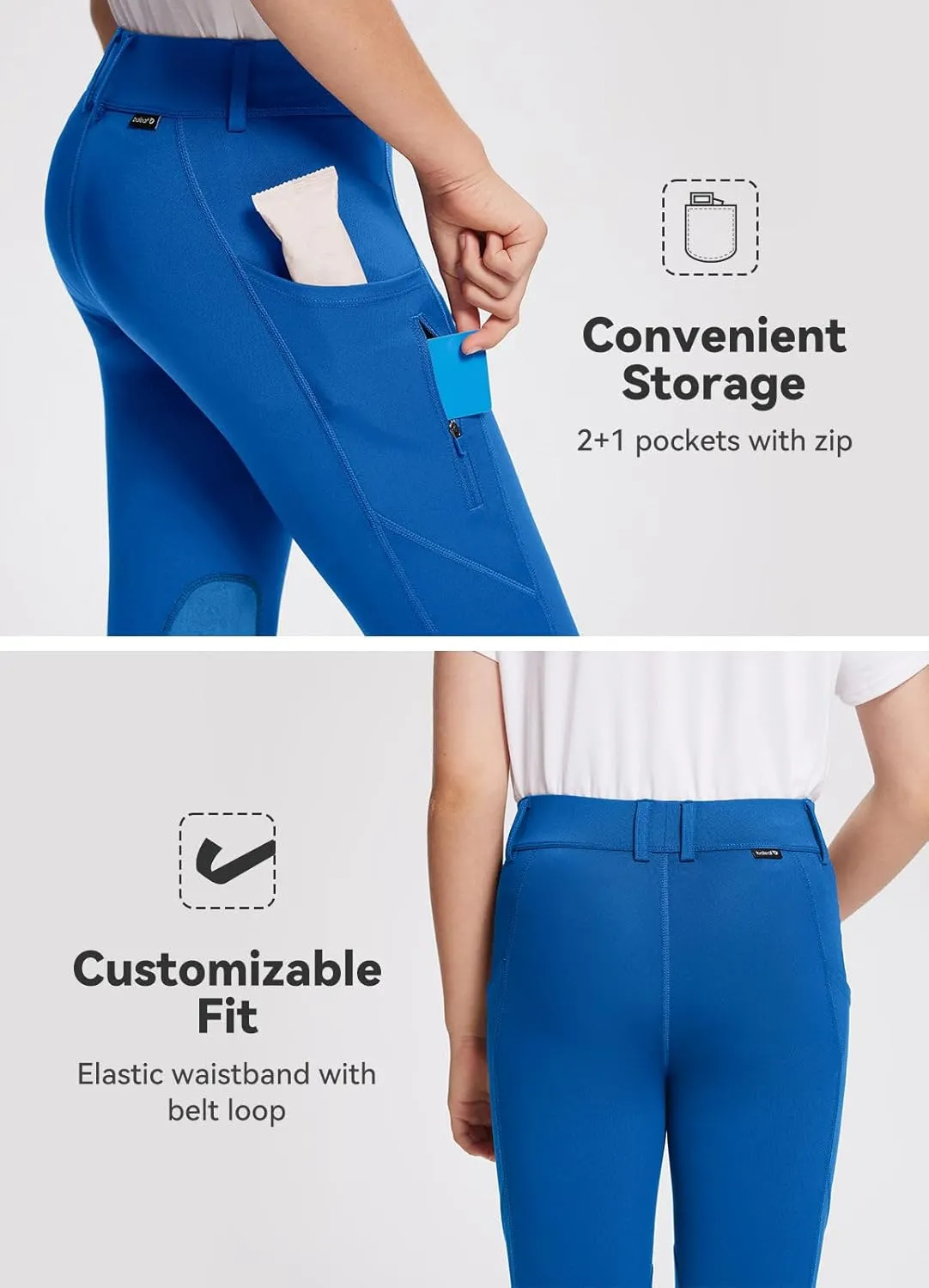 baleaf Girls Riding Pants Kids Equestrian Breeches Knee-Patch Zip Pocket Horseback Tights